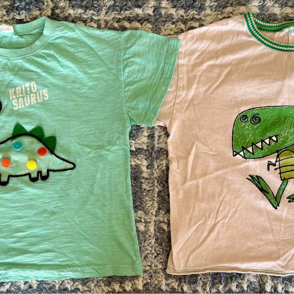 TWO Korean Kids Dinosaur T-Shirts - Green & Off-White Super Cute